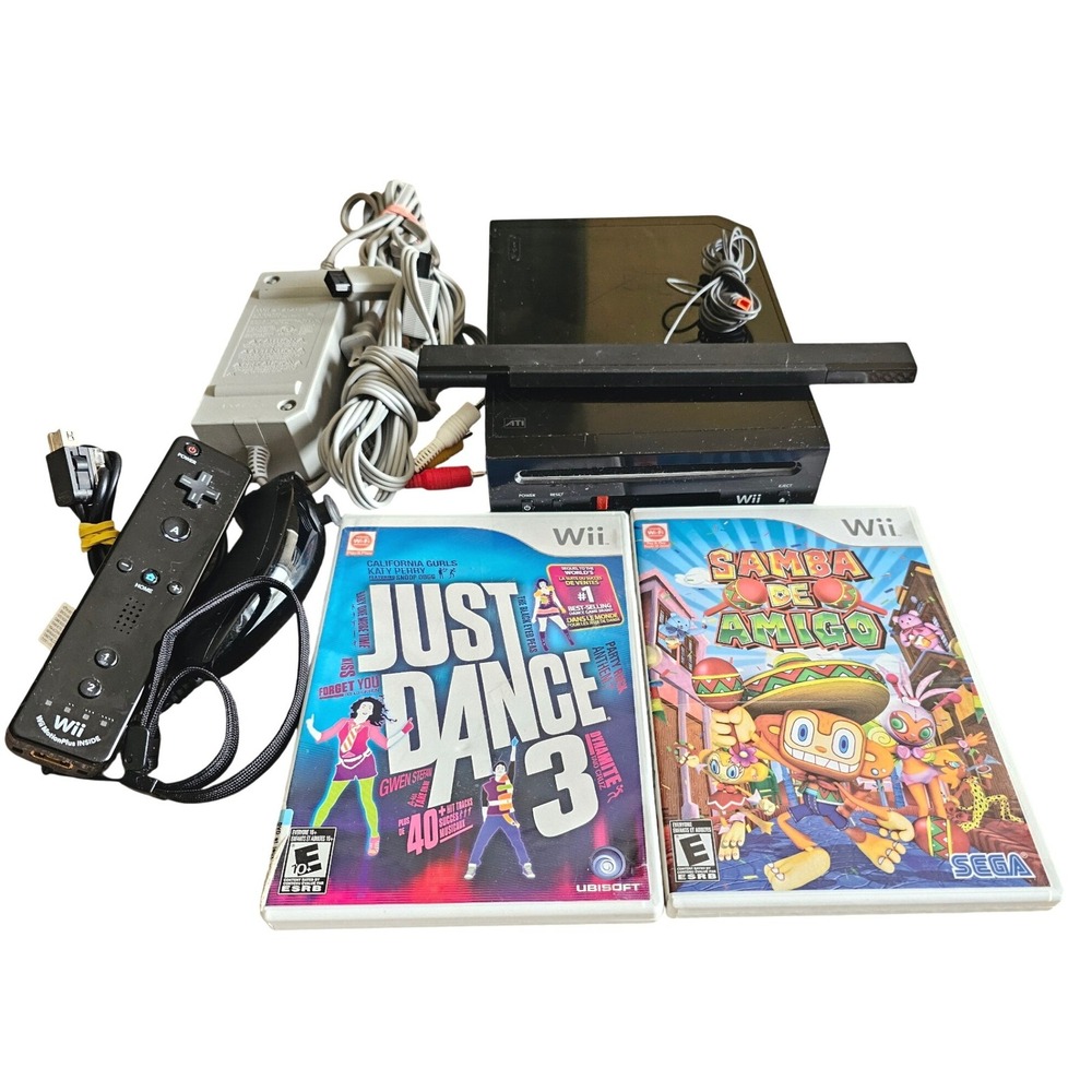 Nintendo Wii Black Console RVL-101 Bundle Just Dance 3 Samba D Amigo Remote Plus